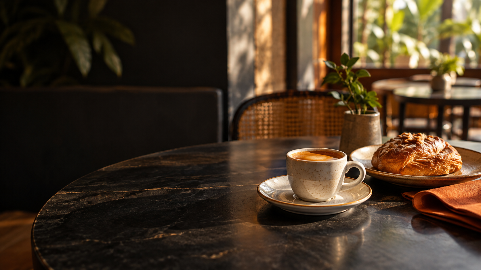 Una taza de café y un pastel en una mesa de cafetería